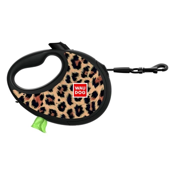 Повідець-рулетка для собак WAUDOG R-leash Leopard M леопард 5 м, до 20 кг, світловідбивна стрічка, контейнер для пакетів 256-4066