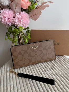 Гаманець чорний коричневий Long Zip Around Wallet With Detachable Card Case In Signature Canvas натуральна шкіра + подарункове пакування
