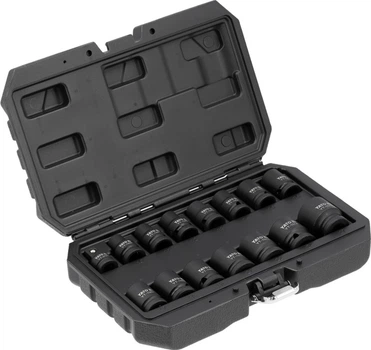 Набор головок торцевых ударных Yato 6-гранных с квадрат 1/2", M10-M27 мм. 14 шт + перех. на квадр 3/8" (YT-10253)