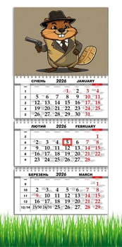 Календар настінний квартальний на 2026 рік на три пружини , Apriori , Бобер , Bobritto Bandito , Бобрито Бандіто (Гангстеріто) , 29,7х61см , 2 вид