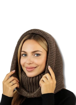 Женский капор-капюшон с воротником вязанный - Анжелика (one-size) - Коричневый