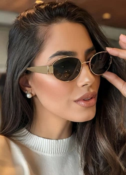 Овальні сонцезахисні модні жіночі окуляри в металевій оправі Fashion Jewelry Золотисті 17559