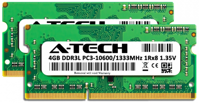 Оперативная память A-Tech 8GB (Kit of 2х4GB) DDR3L-1333 (PC3L-10600) SODIMM 1Rx8 (AT8G2D3S1333ND8N135V)