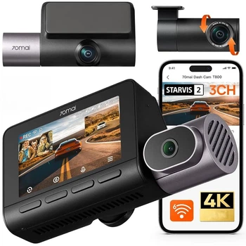 Трьохкамерний автомобільний відеореєстратор Xiaomi 70mai Dash Cam 4K T800 HDR SET 256GB з GPS Global + камера заднього виду Rear Cam RC24 (керування зі смартфону)