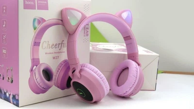 Беспроводные детские наушники с ушками и подсветкой, MP3, FM радио Hoco W27.