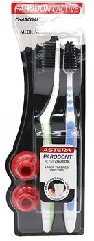 Зубная щетка c активированным углем, средняя, салатовая + голубая - Astera Parodont Active Charcoal Medium Toothbrush 1+1 2шт (1136902-101199)