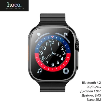 Смарт часы Hoco DYD01 (Bluetooth 4.2, сеть 2G/3G/4G, дисплей 1.96", звонки, SMS, nano SIM-карта) - Черный
