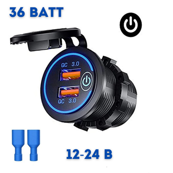USB зарядка в авто врізна 36 Ватт QC 3.0 з кнопкою синя