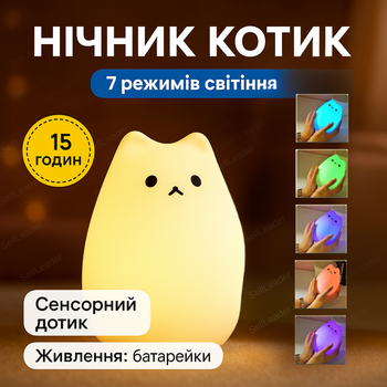 Нічник силіконовий "Котик" для дитячої кімнати дітей світильник LED 7 кольорів акумуляторний USB зарядка