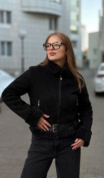 Дубленка из искусственной замши женская черная короткая молодежная 2XL