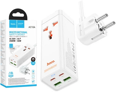 Зарядное устройство Hoco AC10A Socket AC250V/2500W + DC65W (PD3.0, PPS, QC4.0+) порты 2C+2A White (42087)