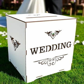 Деревянная Белая Коробка на Свадьбу 23х22х21 см Свадебная Казна "Wedding Веддинг" Коробочка для Денег и Конвертов Сундук Копилка