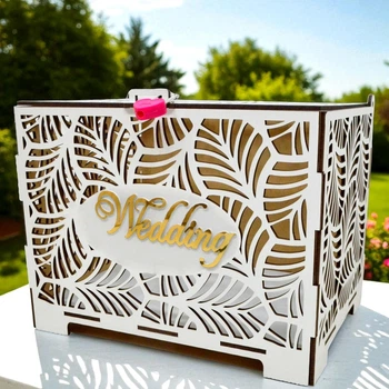 Дерев'яна Біла Коробка на Весілля 23х18х16 см Весільна Скарбниця "Wedding Акрил + ЗАМОЧОК" Коробочка для Грошей та Конвертів Скриня Скарбничка
