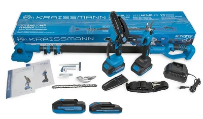 Комплект KRAISSMANN 301 SAG 20 MP (міні - пила KRAISSMANN 1522 AKS-BL 20 MP.секатор KRAISSMANN 25 AGS-BL 20 MP.2-акум :1500 та 3000 мАг зарядний пристрій подовжувач - 1.6-2.0м)