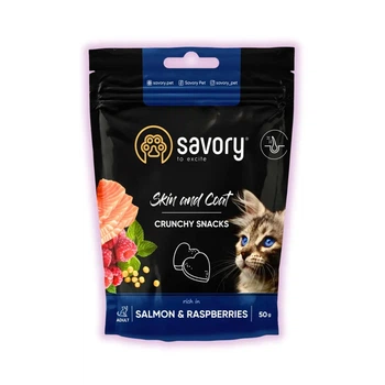 Хрусткі ласощі для котів Savory з лососем та малиною для здоров'я шкіри та шерсті 50 г