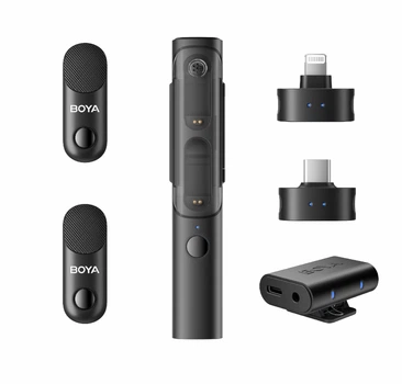Петличный микрофон-стик для интервью BOYA MAGIC-02 COMBO (Lightning/USB Type-C/3.5 mm jack) + петличная система на 2 микрофона с зарядным кейсом (50048)