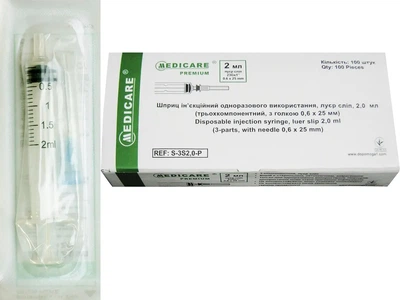 Шприц инъекционный одноразовый луэр слип Medicare 2 мл 3-компонентный 0.6х25 мм (23Gx1") 100 шт (000008874-1)