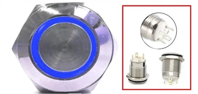 Кнопка антивандальная 22 мм 220V, без фиксации, синяя подсветка