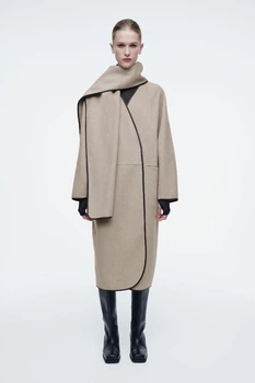 Пальто COS leather-trimmed wool scarf coat 1242892003 S Бежевий