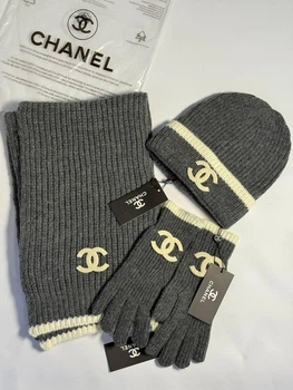 Набор Chanel 3 в 1 (шапка + шарф + перчатки) серый