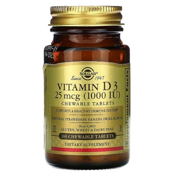 Вітамін D3 Холекальциферол Vitamin D3 Cholecalciferol 25 мкг 1000 МО Solgar 100 жувальних таблеток