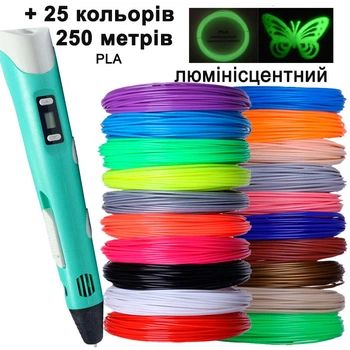 3D ручка бирюзовая 3D Pen 2 с комплектом PLA пластика 25 цветов 250 метров
