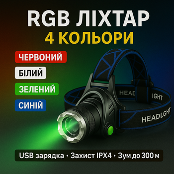 Налобный фонарь BL V9-XPE RGB красный белый синий зеленый свет зарядка USB
