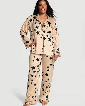 Піжама Сатинова (сорочка + штани) Victoria's Secret Glazed Satin Long Pajama Set XS Shot Бежевий (2681216D)
