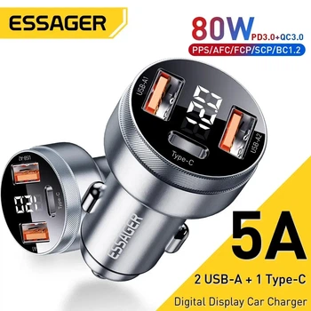 Автомобільний зарядний пристрій ESSAGER 80W QC3.0+PD3.0 Type-C в прикурювач авто на 3 виходи з вольтметром