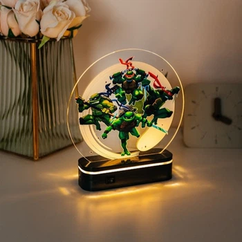 LED Ночник Черепашки ниндзя на черной подставке Еко Стиль 15х22 см Питание USB Type-C Цвет свечения белый (Н-17)