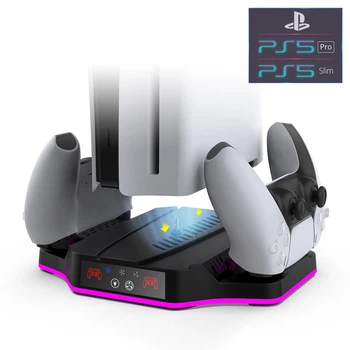 Вертикальная подставка DOBE с охлаждением (3 скорости обдува) для консоли PS5 Slim / PS5 Pro (Disk Drive version/Digital Edition) + Зарядная станция для контроллера DualSense Sony PlayStation 5 / RGB + LED подсветка