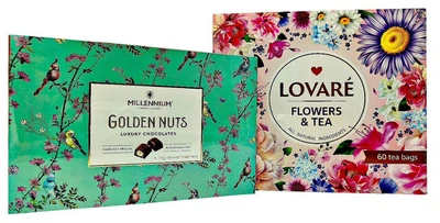 Подарунковий набір шоколадних цукерок Millennium Golden Nuts + Колекція чаю Lovare Flowers & Tea