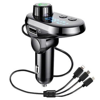 FM модулятор автомобильный Q15-BT Bluetooth с кабелями Type-C, Micro USB, Lightning и быстрой зарядкой