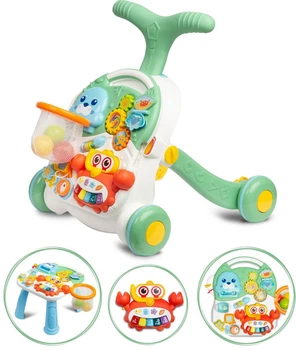 Детские ходунки каталка, игровой развивающий столик 2 в 1 Caretero Spark Green, детские ходунки, каталка для малышей, развивающая игрушка, интерактивные ходунки, столик для игр, музыкальные ходунки, легкие ходунки толкатель