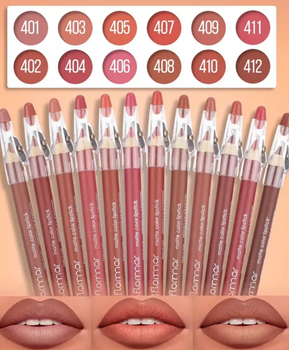 Набор карандашей для губ Flormar с точилкой Waterproof lipstick pencils, матовые, нюдовые, 12 шт (SVS)