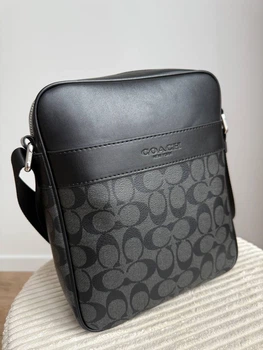Сумка чоловіча шкіряна Coach Houston Black Grey + подарункова коробка сумка з натуральної шкіри чорного кольору