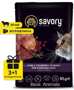 Вологий корм для стерилізованих Savory Сейворі з ягням та журавлиною в соусі пауч 85 г 3+1 шт (4820261920093)