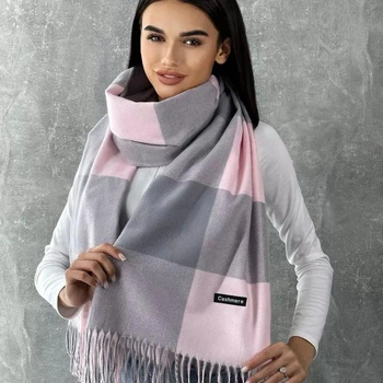 Зимовий кашеміровий шарф палантин в клітку Cashmere з бахромою 185х68см Сіро - Рожевий