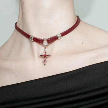 Чокер шкіряний з підвіскою хрестика 'Red Blessing' в готичному фентезі стилі ~32-39 см Сріблястий Червоний