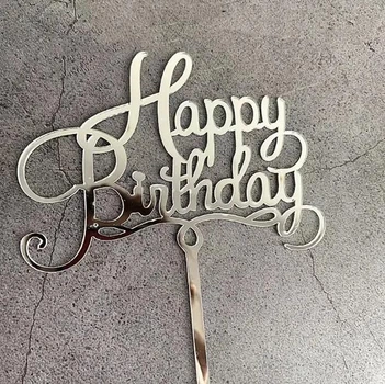 Топпер пластиковий дзеркальний на торт срібло з написом Happy birthday