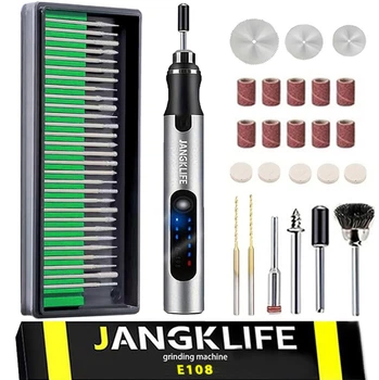 Мини-гравер JangKlife Е108 аккумуляторный, 3 скорости 15000 об/мин, беспроводной, 56 насадок, USB Type-C