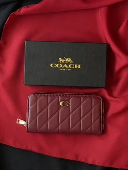 Женский кошелек Coach Quilted Leather Zip Around Long Walle бордовый большой