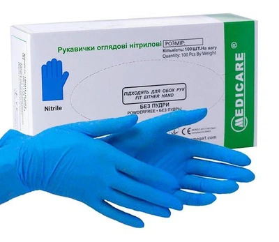 Рукавички оглядові нітриловi MEDICARE р.M блакитні, 50 пар/уп.