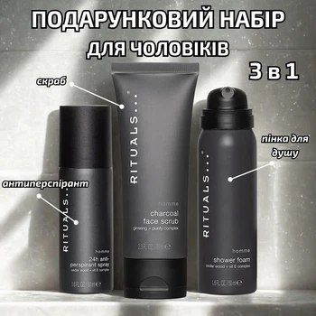 Подарочный набор ухода за телом Rituals Homme Trial Set — скраб 70 мл, пена для душа 50 мл и антиперспирант спрей 50 мл