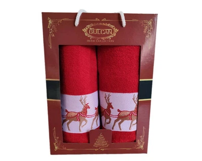 Набор новогодних полотенец Gulcan 50x90+70х140 Merry Christmas Deer Red