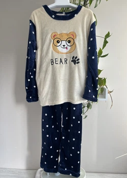 Пижама женская теплая "Bear" S/M синий / бежевый, флисовая пижама, махровая, зимняя, для дома