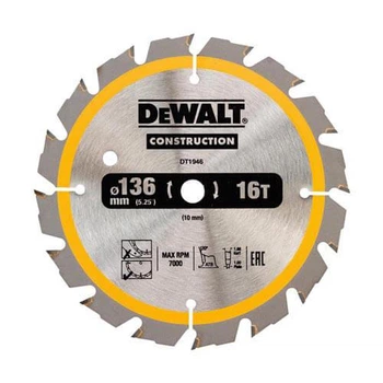 Диск пиляльний DeWALT, СONSTRUCTION, розмір 136 х 10, кількість зубів 16, геометрія зубів ATB, кут заточування градусів 20,