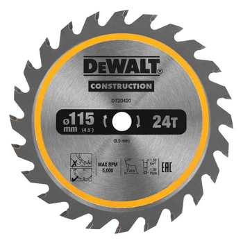 Диск пиляльний DeWALT, універсальний, розмір 115 х 9.5 мм, кількість зубів 24z, геометрія зуба TCT, 5000 об/хв (DT20420)
