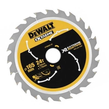 Диск пиляльний DeWALT EXTREME RUNTIME, розмір 165 х 20 мм, кількість зубів 24, кут заточування 10 градусів, геометрія зуба ATB+R,