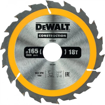 Диск пиляльний DeWALT, CONSTRUCTION, розмір 165 х 30 мм, кількість зубів 18, кут заточування 20 градусів, геометрія зуба ATB,